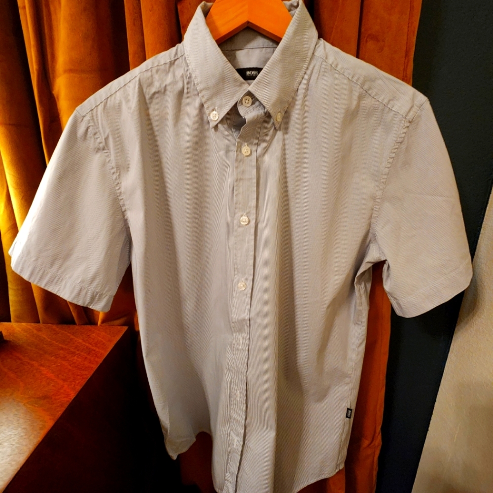 Men's Hugo Boss, large slim-fit, light grey/white, button down shirt.